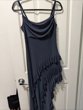 Navy Ruffled Slip Dress with Cowl Neck
